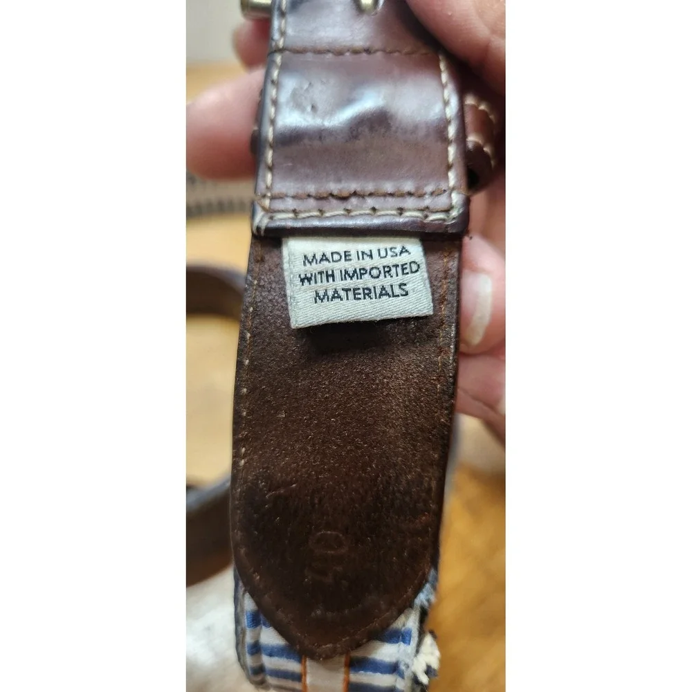 Peter Millar Mens Canvas Leather Belt Grey Brown Striped Solid Brass Buckle